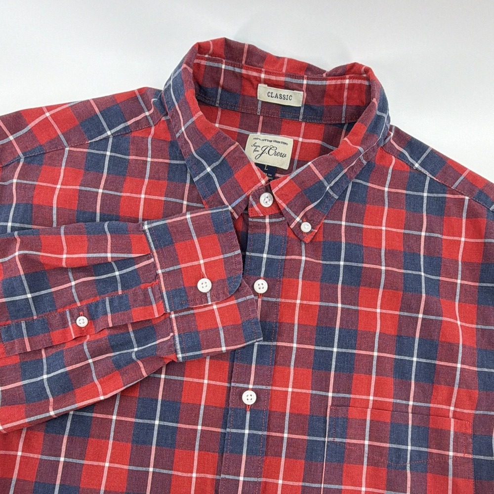 J.Crew Button Down Shirt Men L Classic Fit Red/Blue Plaid Long Sleeve Cotton